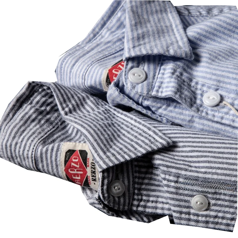 워싱된 옥스포드 천 셔츠 남성 캐주얼 긴팔 레트로 예술적 스트라이프 패턴 일본 직수입 순면 통기성 청년 인기 상품