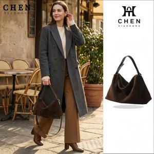 2026 봄 레트로 미니멀리스트 럭셔리 다크 브라운 천연 스웨이드 가죽 호보백 여성용 조절 가능한 듀얼 스트랩 대용량 데일리