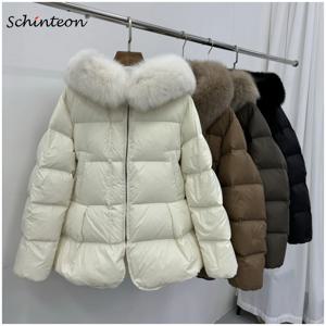 Schinteon 여성 100% 리얼 폭스 모피 칼라 화이트 오리 다운 재킷 후드 가을 겨울 따뜻한 캐주얼 a 라인 따뜻한 아웃웨어 케이프