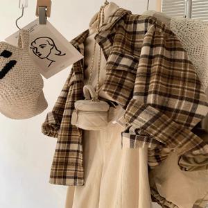 레트로 컬러 블록 두꺼운 체크무늬 셔츠 여성용 루즈핏 중간 길이 모직 코트 봄 가을 시즌 한국 스타일 통근룩