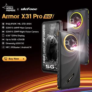 Ulefone Armor X31 Pro 5G 러기드폰 안드로이드 14 스마트폰 6.56인치 16GB + 256GB 25MP 야간 카메라 64MP 배터리 6050mAh NFC 120Hz IR 블래스터 Dimensty 6300