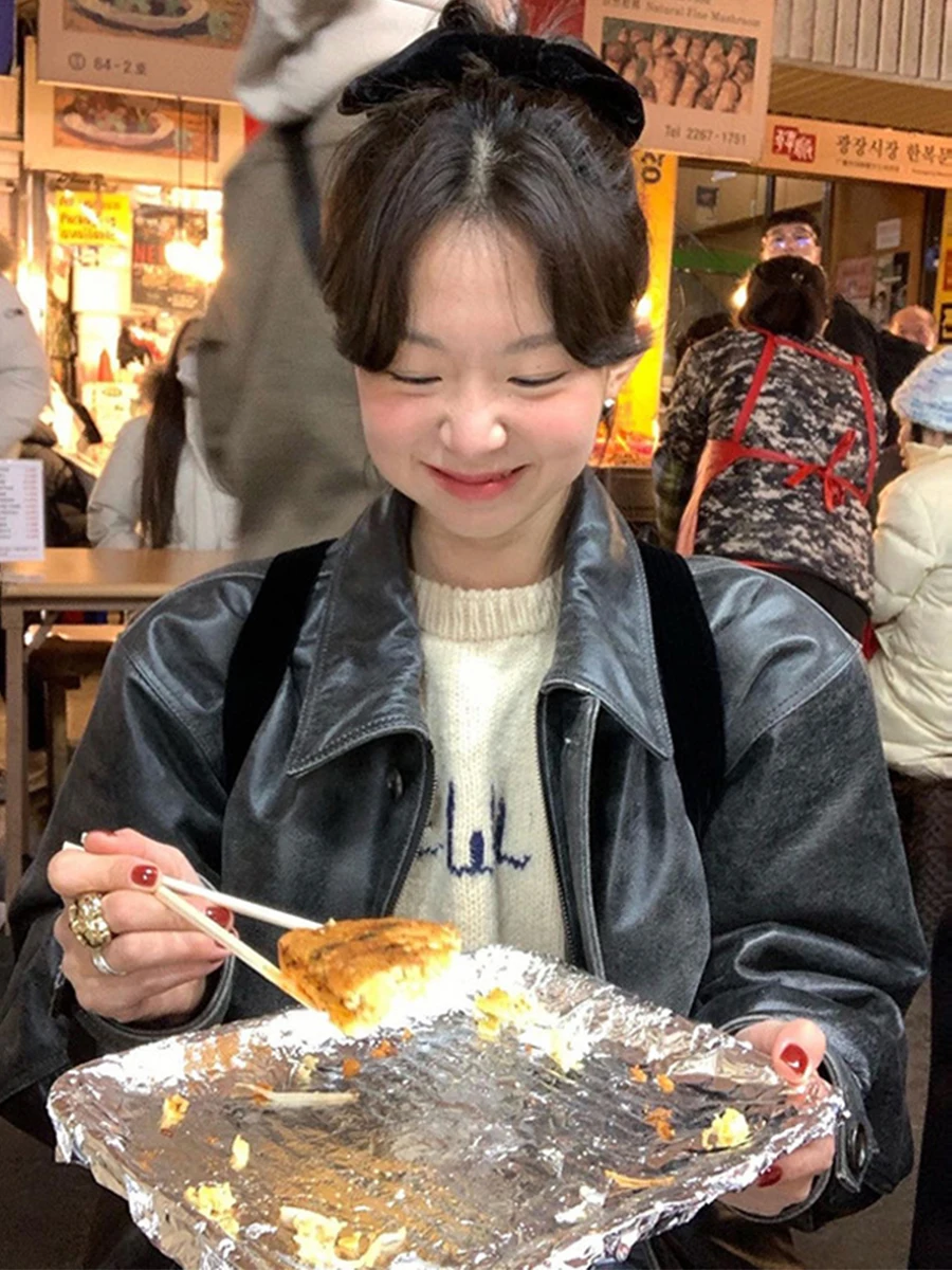 레트로 파일럿 칼라 숏 재킷 여성용 가죽 코트 한국 스타일 바이커 재킷 지퍼 클로저 긴소매 레귤러 핏