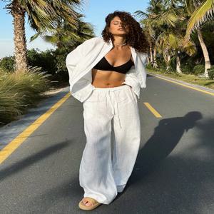 Bornladies 여성용 코튼 캐주얼 바지 세트, 단색, 아늑한 라펠 긴팔 셔츠, 신축성 허리 바지 정장, 여름 복장