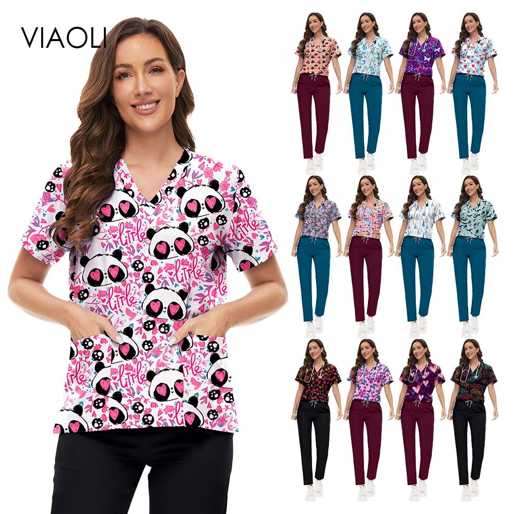 남녀공용 신축성 프린트 스크럽 세트, 간호 용품, 의사 간호사 수술 유니폼, 약국 클리닉, 헬스케어 작업복
