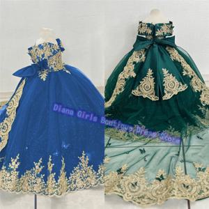 화려한 품질 녹색 꽃 소녀 원피스 얇은 명주 그물 푹신한 골드 아플리케, 어린 소녀 생일 파티 이브닝 가운, 맞춤형 가운