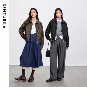 SENTUBILA 여성용 가죽 자켓 봄 2026 레트로 솔리드 탄성 라펠 칼라 긴 소매 지퍼 오토바이 Pu 코트 W51G73596