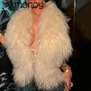 Jaxmonoy 여성용 진짜 몽골 양털 홀터 패션 스트리트웨어 용수철 모피 조끼, 여성용 양가죽 모피 상의, 2025 신상