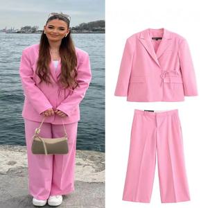 여성용 핑크 블레이저 수트, 턴다운 칼라, 긴 소매, 포켓, 레이스업 블레이저 탑 + 패션 하이웨이스트 지퍼 와이드 레그 팬츠