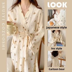 여성 목욕 가운 만화 귀여운 곰 인쇄 목욕 가운 잠옷 카디건 긴 소매 Nightdress 플러스 사이즈 Loungewear Nightgown Ro