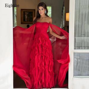 Eightree 클래식 레드 a 라인 댄스 파티 드레스 캡 슬리브 공식 파티 가운 쉬폰 프릴 계층화 된 긴 이브닝 드레스 맞춤형