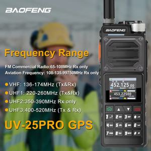 Baofeng UV-25PRO GPS 워키 토키 10W 1000Ch 에어 밴드 멀티 밴드 FM Vox 양방향 라디오, 5200mAh USB-C 충전식 배터리 포함