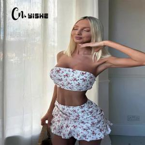 CNYISHE 프린트 정장 Strapless Sheath 슈퍼 짧은 티셔츠 패션 섹시한 클럽 여성 세트 스키니 캐주얼 여성 2 피스 (탑 + 스커트)