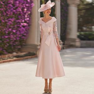 여성을위한 맞춤형 신부 어머니 가운 새틴 A 라인 파티 드레스 핑크 V 넥 아플리케 보우 진주 신랑의 어머니 드레스 미디