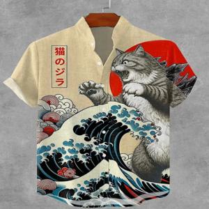 남성 사무라이 하와이 셔츠 캐주얼 반소매 탑 루즈한 의류 패션 레트로 여름 셔츠