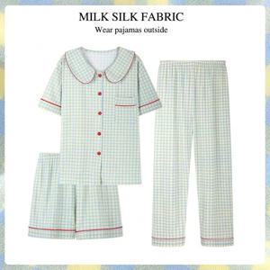 3 피스 세트 숙녀 잠옷 세트 반팔 격자 무늬 수석 감각 카디건 홈웨어 간단한 크리스마스 소녀 잠옷 겨울