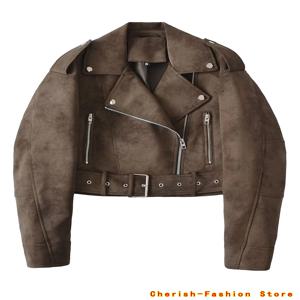  봄 여성용 브라운 스웨이드 숏 재킷 루즈 라펠 지퍼 긴 소매 모터사이클 코트 여성용 핫 뉴 레이디 하이 스트리트 아우터웨어