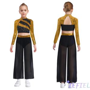 여자 재즈 댄스 의상 투피스 세트 스팽글 컷아웃 백 프레스 버튼 크롭탑 플로잉 쉬폰 와이드 레그 사이드 슬릿 댄스 팬츠