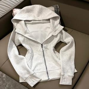 미국 그레이 숄더 슬림핏 후드 코트 여성용 봄 가을 신상 후드 지퍼 스타일 그레이 자켓 탑