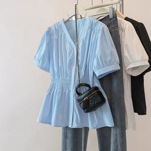 200파운드 플러스 사이즈 신축성 허리 오피스룩 트렌드 셔츠 블라우스 반팔 솔리드 탑 여성 의류 V넥 프렌치 시크