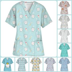 외과 유니폼 여성 치아 3D 인쇄 v 넥 포켓 치과 의사 스크럽 여성 만화 반팔 티셔츠 임상 유니폼 여성