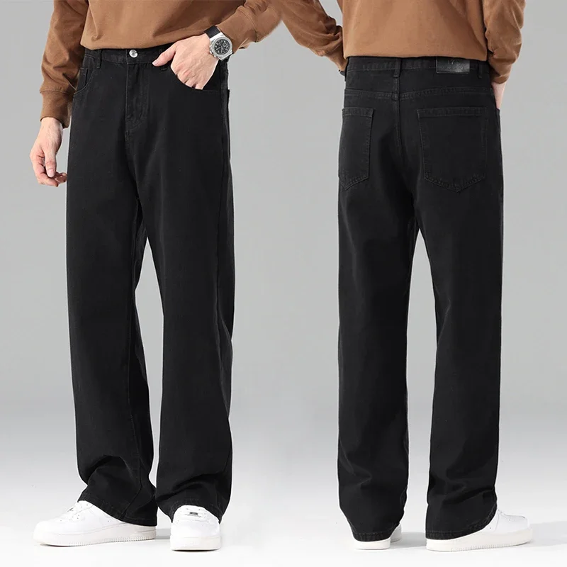 남성 브랜드 뉴 가을 청바지 남성 블랙 캐주얼 헐렁한 바지 클래식 스트레이트 편안한 와이드 데님 바지 남성 의류