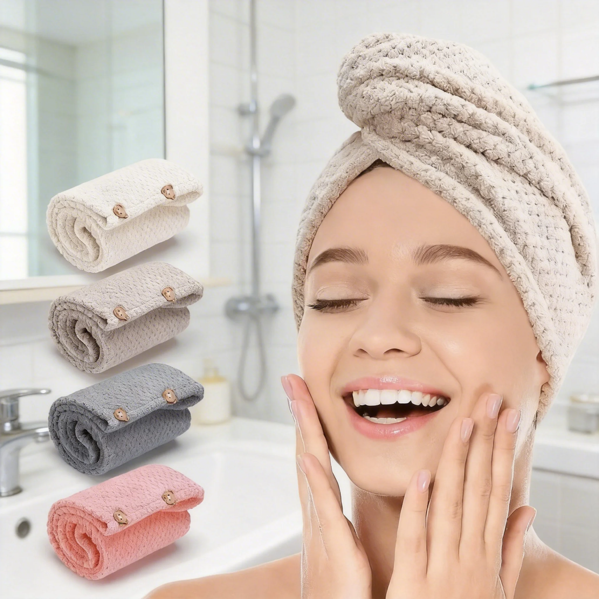 단색 헤어 타월 텍스처드 드라이 헤어 캡 9.8인치 x 25.5인치 흡수성 헤어 타월 랩 (여성용 버튼형)