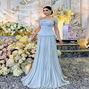 맞춤형 절묘한 저지 플리츠 드레이프 라인스톤 A 라인 오프 숄더 롱 드레스 맞춤형 행사 드레스 복고풍 패션