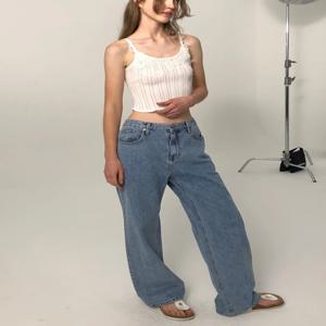 루즈 스트레이트 레그 라이트 블루 데님 청바지 여성용 긴 바지 동대문 8 밀크바네트 하이웨이스트 와이드 레그 팬츠
