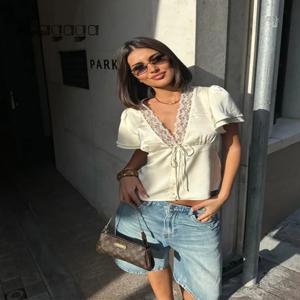 아하가가 캐주얼 여성용 탑 솔리드 레이스 넥 반팔 새틴 슬림 버튼 레귤러 엘레강스 스트릿웨어 티셔츠 여성 베이직 티셔츠