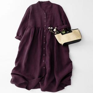 여성 코튼 린넨 V넥 드레스 투웨이 롱 슬리브 가운 버튼 스타일 A라인 스커트 캐주얼 출퇴근 봄 패션
