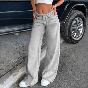와이드 레그 진 여성 플로어 기장 팬츠 로우 웨이스트 워싱 디스트레스드 포켓 2025 스트릿웨어 빈티지 스트레이트 트라우저 데님