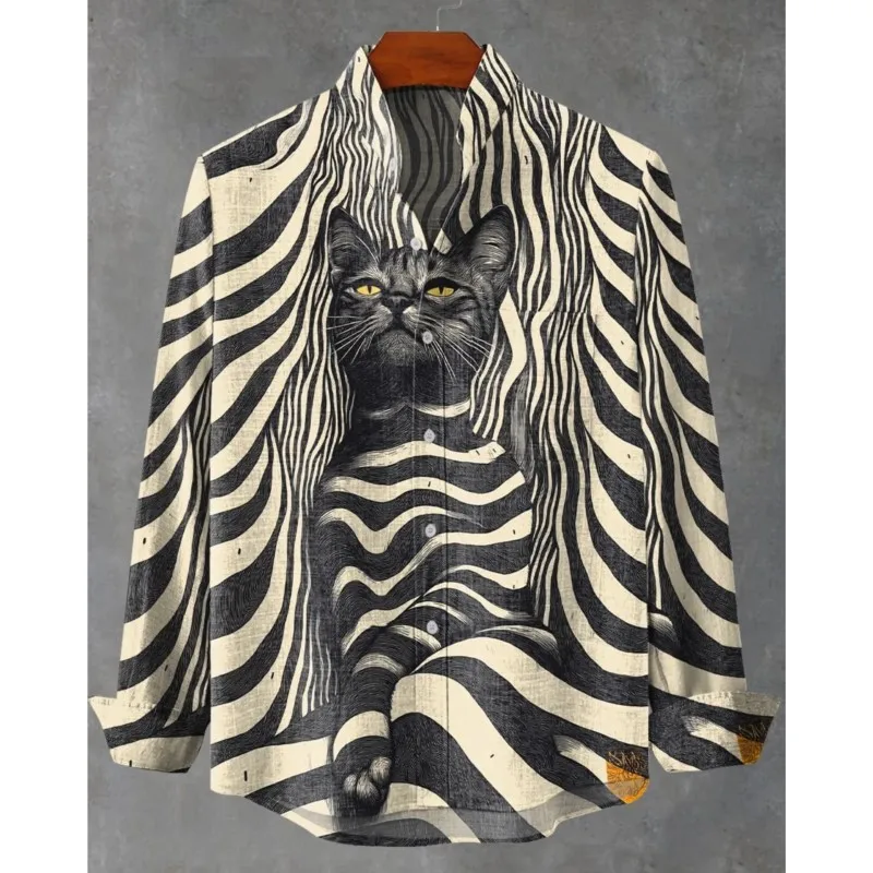 Moslim Kleding Heren 가을 베스트 셀러 남성용 긴팔 리넨 셔츠, 레트로 키티 패턴 아트 프린트 셔츠 Ropa Hombre