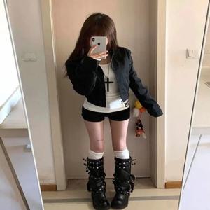 아메리칸 스타일 짧은 코트 블랙 긴 소매 여성 슬림핏 스탠드 칼라 봄 가을 새로운 스타일 작업복 재킷 탑