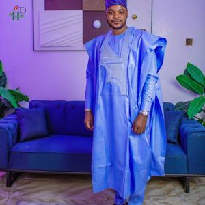 H&D 아프리카 의류 자수 블루 가운 플러스 사이즈 남성용 우아한 파티 웨딩 토브 3피스 상의 및 바지 정장 세트 데일리웨어