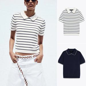 여름 여성 캐주얼 니트 반팔 폴로넥 탑 컬러 블록 스플라이스 엣지 컬리지 스타일 폴리에스터 섬유 슬림핏 타입