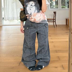 클린핏 빈티지 워싱 그레이 멀티 포켓 워크웨어 데님 진 남녀공용 스트레이트 레그 마이크로 플레어 트라우저 캐주얼웨어