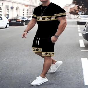 야외 레저 스포츠에 적합한 새로운 여름 남성의 편안하고 통기성이 뛰어난 디지털 프린트 라운드 넥 티셔츠 반바지 세트