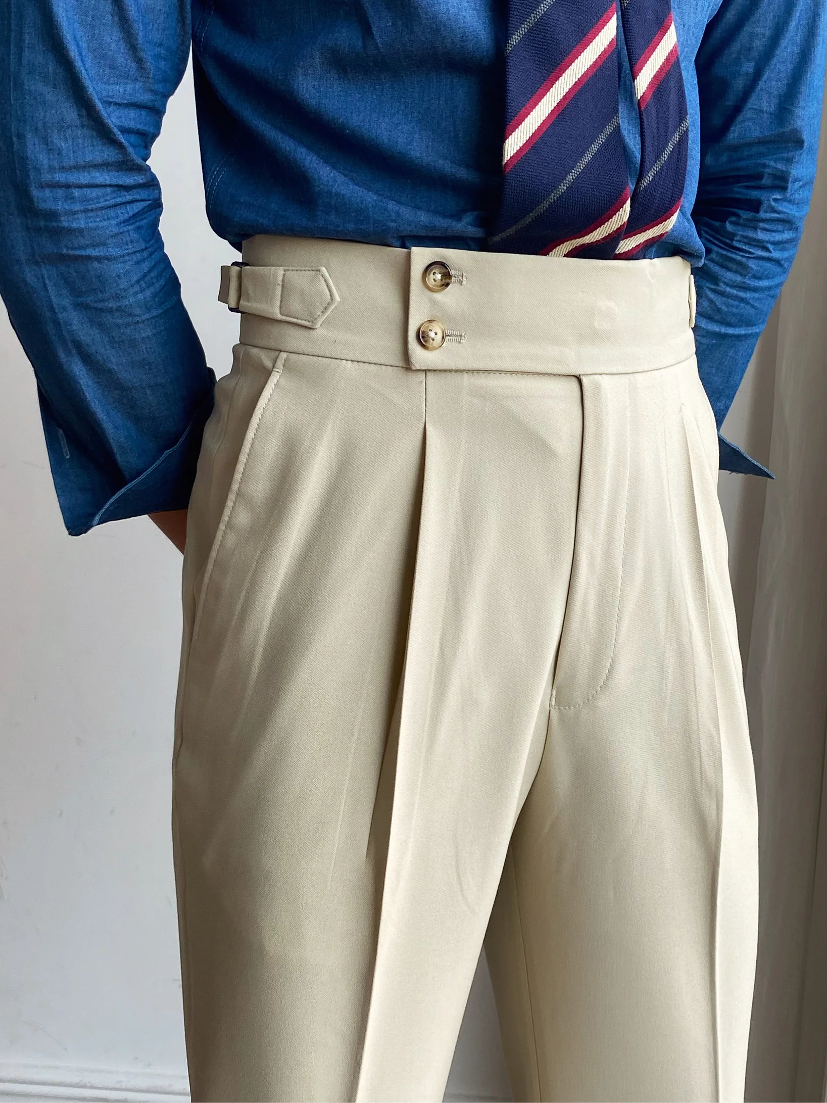 하이웨이스트 캐주얼 남성 스트레이트 레그 팬츠 고급 다림질 필요없는 비즈니스 스타일 파리 버클 롱 레저 트라우저 한국 핏