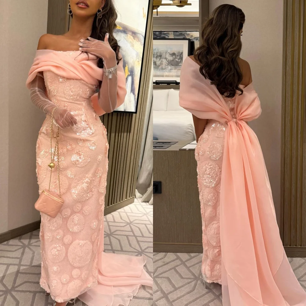 맞춤형 정교한 패션 오간자 스팽글 장식 주름 스트레이트 오프 숄더 롱 드레스 맞춤형 행사 드레스 절묘한
