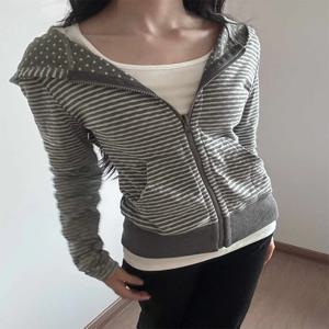 슬림핏 아메리칸 스타일 스팟 스트라이프 얇은 후드 오픈 가디건 스웨트셔츠 여성 가을 신상 짧은 다용도 오픈 가디건