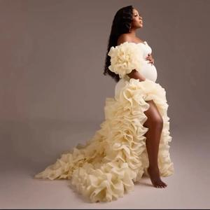 사진 촬영을위한 밝은 노란색 인어 출산 드레스 임신 한 여성 가운 맞춤형 프릴 푹신한 소매 이브닝 가운