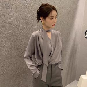 2025년 봄 여성용 긴팔 셔츠 루즈핏 우아한 V넥 디자인 캐주얼 다용도 탑 폴리에스터 섬유 통근 스타일