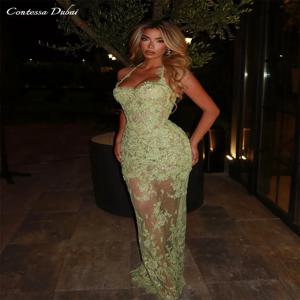 콘테사 두바이 맞춤형 애플 그린 머메이드 프롬 드레스, 홀터넥 베스티도스 데 노체 레이스 자수 정장 이브닝 드레스 2025