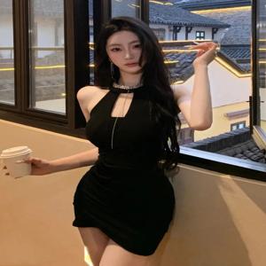 블랙 헵번 스타일 섹시 백리스 바디콘 드레스 우아한 숏 볼 가운 원숄더 허리 절개 하이 스커트 짧고 섹시한 드레스