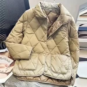 2025 가을 겨울 신상 숏 코튼 코트 여성 마름모 무늬 가벼운 캐주얼 다운 코튼 재킷 큰 주머니 따뜻한 여성 아우터