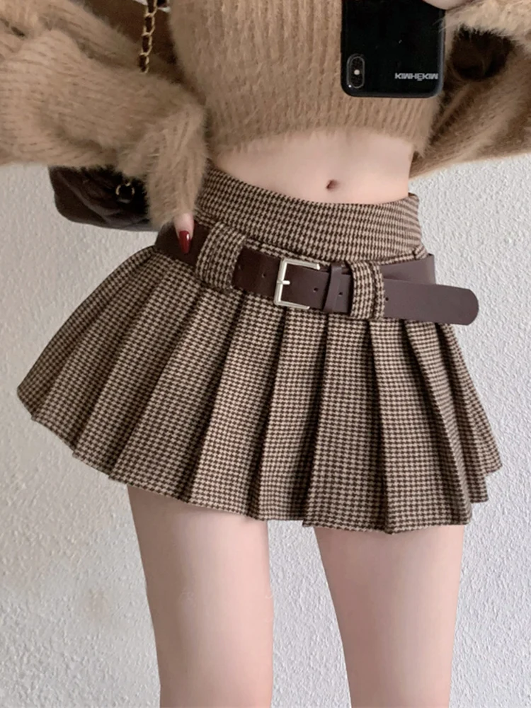 하이웨이스트 플리츠 체크 미니스커트 여성 빈티지 스타일 A라인 스커트 비즈니스 캐주얼 데일리룩 폴리에스터 소재