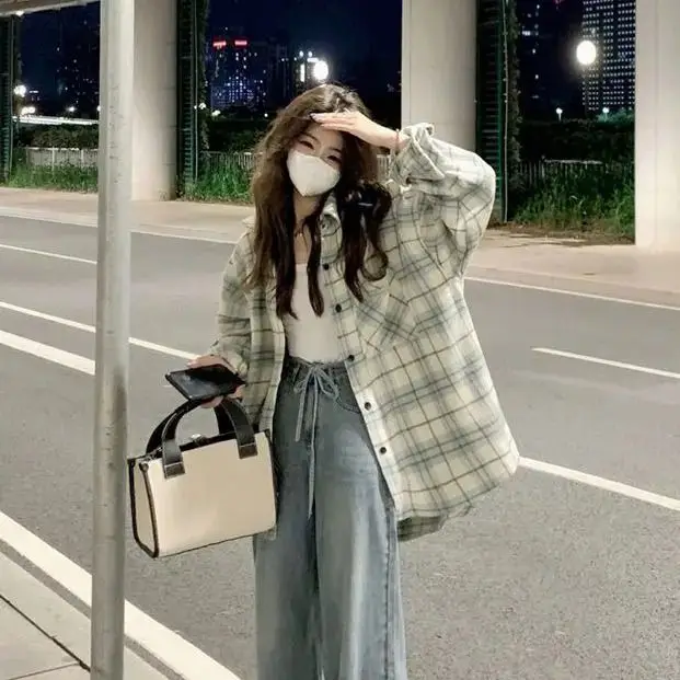 가을 신상 여성용 두꺼운 긴팔 셔츠 아우터웨어 폴로 칼라 체크 무늬 홍콩 스타일 캐주얼 면 혼방