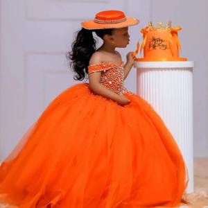 오렌지 튤 소녀 생일 파티 드레스 맞춤형 볼 가운 크리스탈 플라워 걸 드레스 웨딩 아기 소녀 미인 대회 드레스