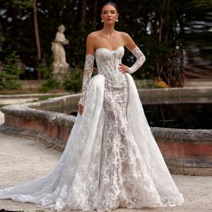 Lceland Poppy 맞춤형 2피스 레이스 머메이드 웨딩 드레스 탈부착 가능한 트레인이 있는 스트랩리스 시스루 신부 가운