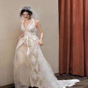 신부 웨딩 모닝 가운 이브닝 드레스 생일 파티 포레스트 시스템 슈퍼 페어리 한국 스타일 레이스 라이트 웨딩 드레스 하이엔드 홀터넥 가운